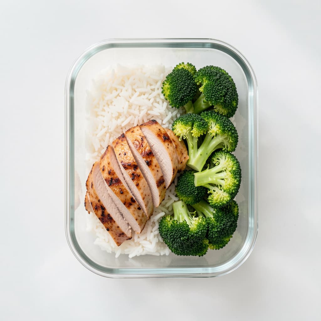 High-protein meal-prep container with sliced grilled chicken breast, white rice and broccoli