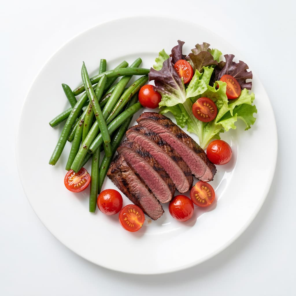 Low-carb dinner plate with grilled steak strips, green beans, cherry tomatoes and a side salad